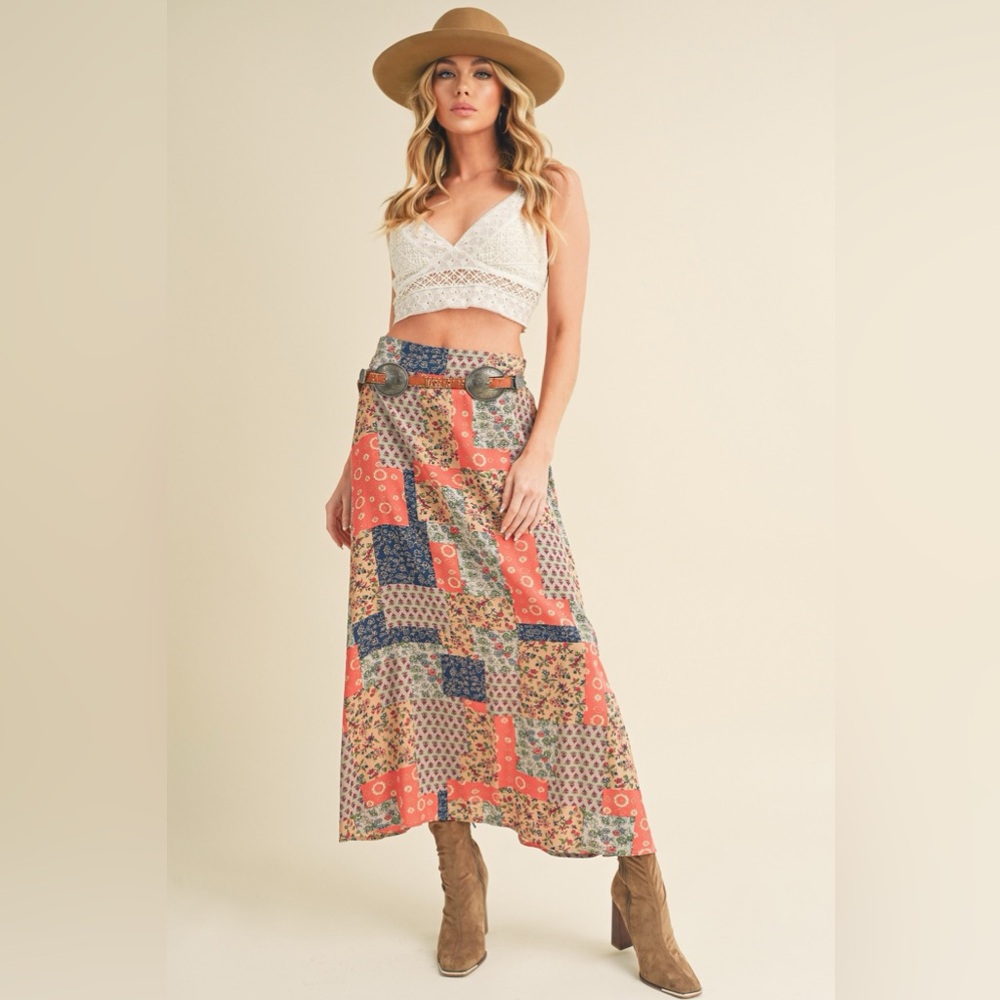 664. LAST 1! Patchwork printed Orange Blue Maxi Skirt Bohemian Multicolor Boho - Picture 3 of 3